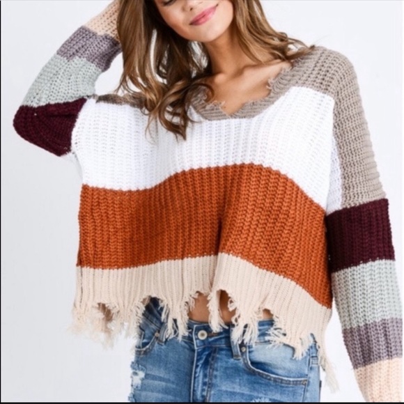 Back2Basics Sweaters - WeatherDistressed Color Block V-Neck Sweater BB318